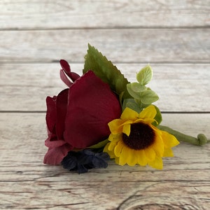Burgundy Rose and Sunflower Boutonniere, Fall Wedding Flowers, Men&#39;s Lapel Flower, Flower for the Groom, Groomsmen Flower, Ringbearer Flower