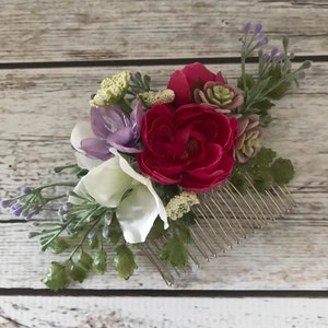 Peigne à cheveux fleur de mariage, accessoire de mariée avec roses, plantes succulentes, hortensias et verdure, fleurs pour cheveux pour mariée, demoiselle d'honneur, bouquetière image 4