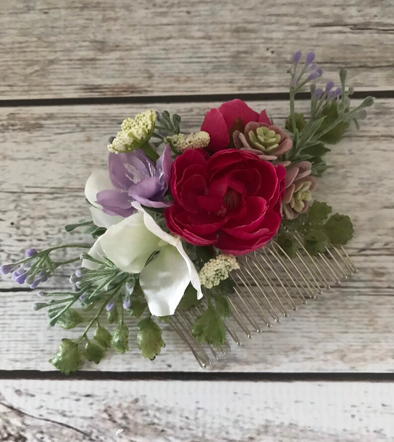 Peigne à cheveux fleur de mariage, accessoire de mariée avec roses, plantes succulentes, hortensias et verdure, fleurs pour cheveux pour mariée, demoiselle d'honneur, bouquetière image 4