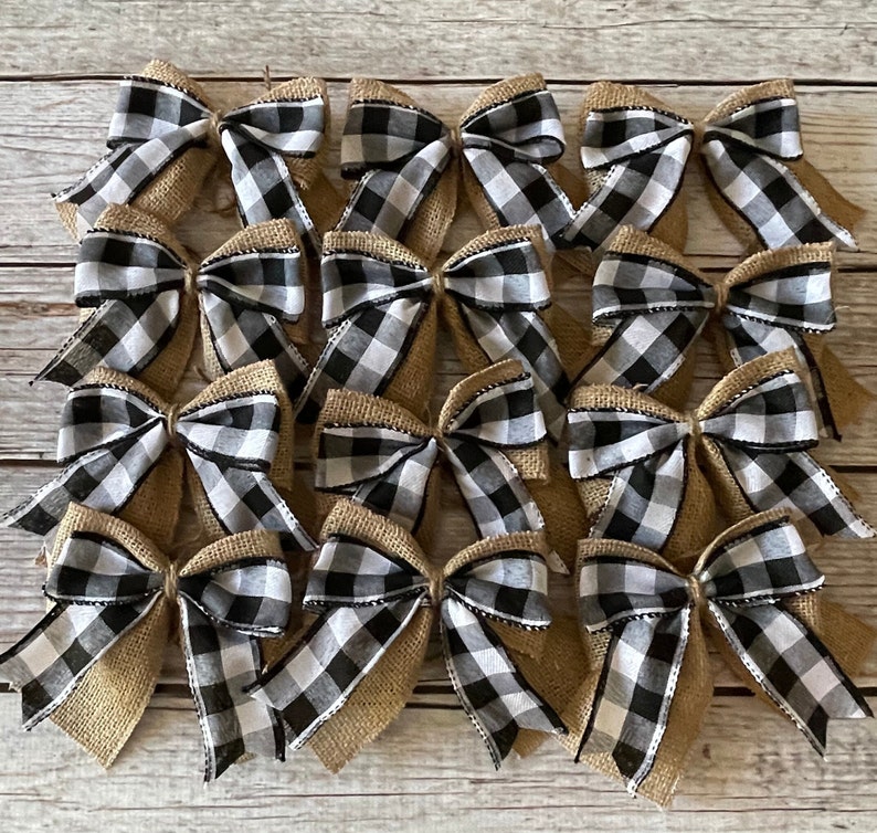 Black and White Buffalo Plaid and Burlap Christmas Tree Bows, Christmas