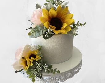 Adorno para pastel de boda con girasoles y rosas rosadas, decoración para pastel de boda, flores para pastel de boda, flores para pastel de baby shower, adorno para pastel de primer cumpleaños.