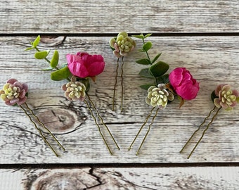 Flower hair pins with roses, eucalyptus and mini succulents, pink flower hair pin, wedding hair pins, bridal hair pins