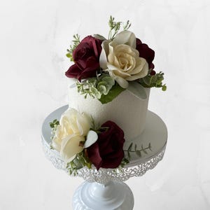 Burgundy and Ivory Rose Wedding Cake Topper, Wedding Cake Decoration, Wedding Cake Flowers, Small Centerpiece, Anniversary, Birthday Cake