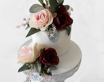 Adorno para pastel de bodas con rosas rosas y burdeos, decoración para pastel de bodas, flores para pastel de bodas, centro de mesa pequeño, flores para farolillos.