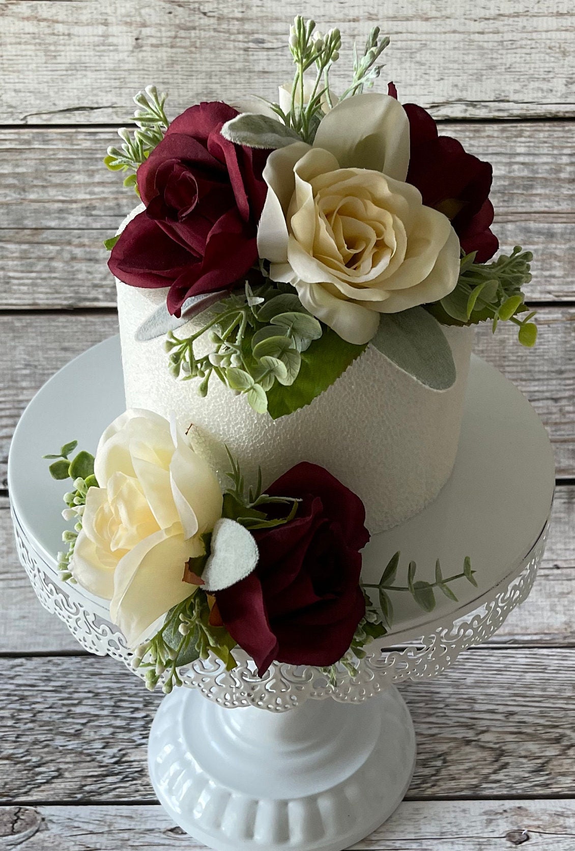 Wedding Cake with Ivory with Burgundy Roses No.W269 - Creative Cakes