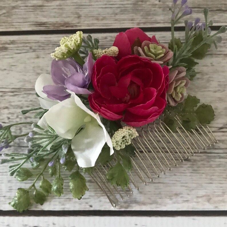 Peigne à cheveux fleur de mariage, accessoire de mariée avec roses, plantes succulentes, hortensias et verdure, fleurs pour cheveux pour mariée, demoiselle d'honneur, bouquetière image 7