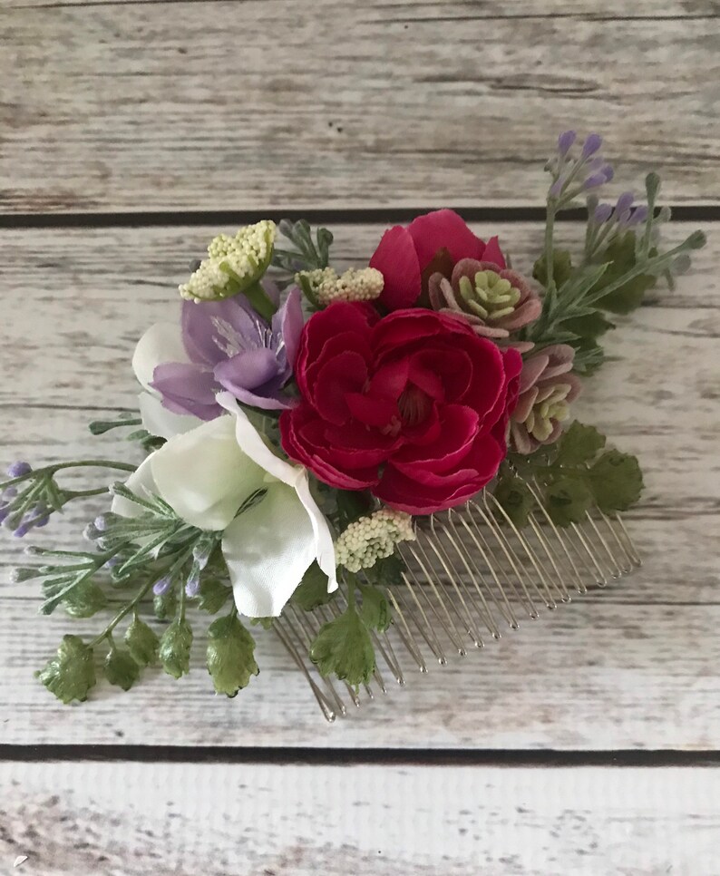 Peigne à cheveux fleur de mariage, accessoire de mariée avec roses, plantes succulentes, hortensias et verdure, fleurs pour cheveux pour mariée, demoiselle d'honneur, bouquetière image 2