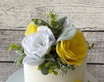 Baby Shower Cake Topper, 1st Birthday Cake Topper, Yellow and White Rose Wedding Cake Flowers, Anniversary Cake Topper, Smash Cake Topper