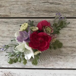 Peigne à cheveux fleur de mariage, accessoire de mariée avec roses, plantes succulentes, hortensias et verdure, fleurs pour cheveux pour mariée, demoiselle d'honneur, bouquetière image 5