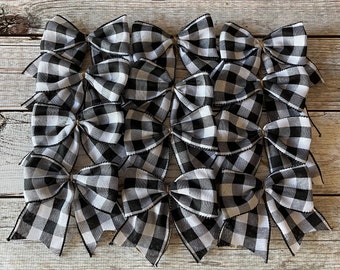 Black and White Buffalo Plaid Christmas Tree Bows (set of 12), Christmas Ornaments, Farmhouse Christmas Tree Decoration, Buffalo Check Bows