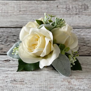 Ivory Rose Wedding Cake Topper with Eucalyptus and White Accent Flowers, Birthday Cake Topper, Wedding Cake Flowers, Small Centerpiece