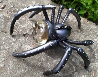 Handmade metal sculpture of a spider: Upcycled Art with Welded Details Recycled Metal, & Vintage Glass Door Handle. Unique Home Decor Accent