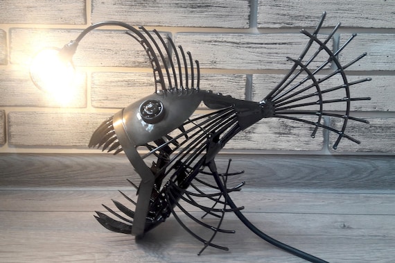 Table Lamp Angler Fish. Art Metal Sculpture. Steampunk Lamp. Statuette  Metal Angler Fish. Art Angler Fish Lamp. Table Lamp Metal Industrial 