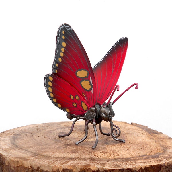 Art metal sculpture red butterfly, steampunk butterfly. Mechanical butterfly figurine. raised wings butterfly. Metal  butterfly statuette