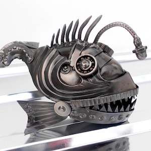 Metal sculpture Angler fish steampunk. Mechanical fish figurine. Statuette Metal Angler fish. Welded Angler fish Steampunk. One of a kind