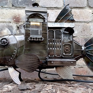 Table lamp fish &quot;OLD FISH HOTEL&quot;, Art Metal sculpture.