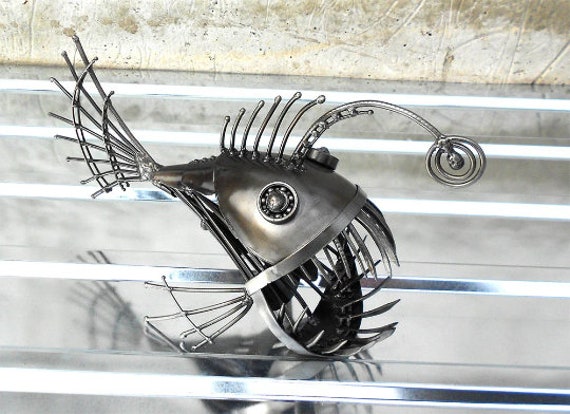 Art Metal Sculpture Angler Fish. Steampunk Predatory Fish Figurine