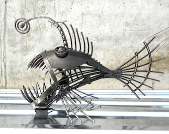 Art Metal sculpture Angler fish. Steampunk predatory fish figurine. Statuette Metal Angler fish. Art recycled metal fish Steampunk.