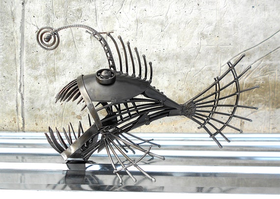 Art Metal Sculpture Angler Fish. Steampunk Predatory Fish Figurine.  Statuette Metal Angler Fish. Art Recycled Metal Fish Steampunk. 