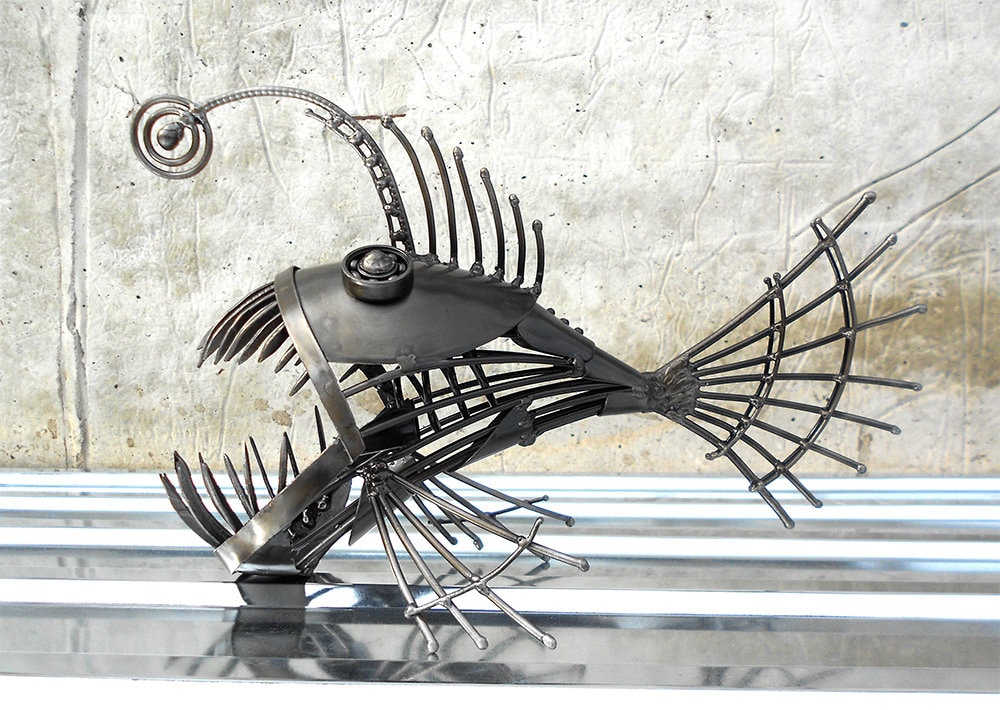 Art Metal Sculpture Angler Fish. Steampunk Predatory Fish Figurine