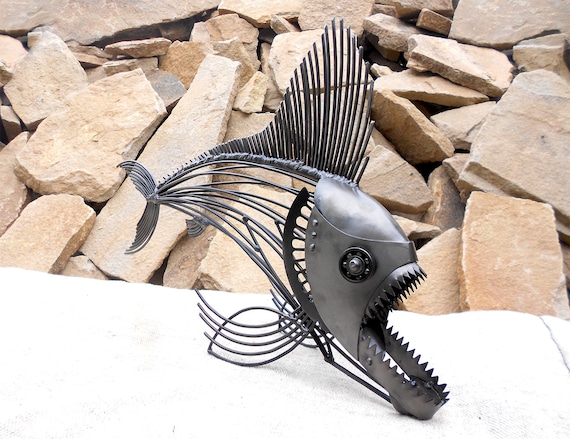 Metal Sculpture Predatory Fish, Steampunk Fish. Art Fish Figurine