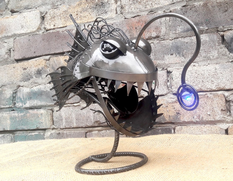 Metal sculpture night light Angler fish LED lights. Steampunk | Etsy