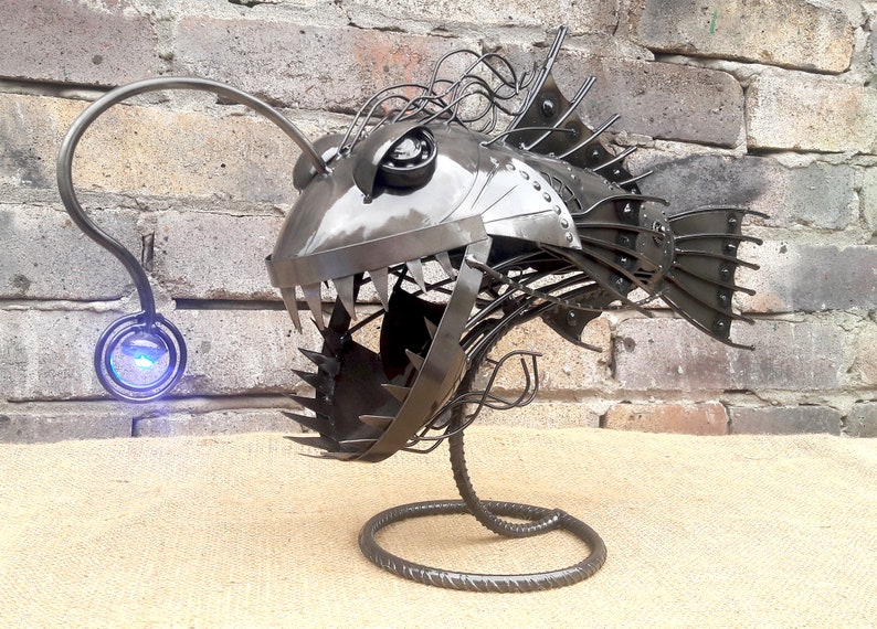 Metal sculpture night light Angler fish LED lights. Steampunk | Etsy