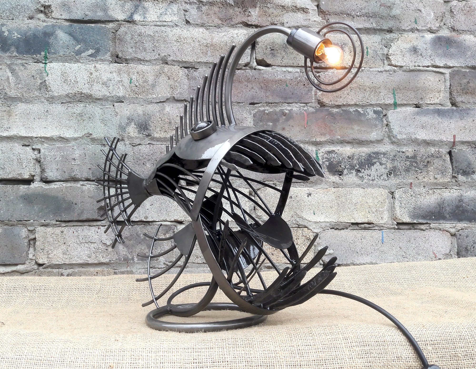 Table lamp Angler fish. Art Metal sculpture. Steampunk lamp. Etsy