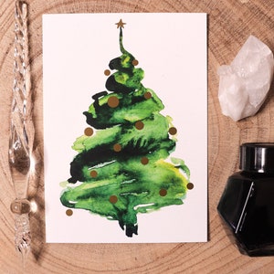 Christmas Tree Postcard Christmas Christmas tree in watercolor Illustration A6, Climate-neutral printing Christmas tree , gold image 2