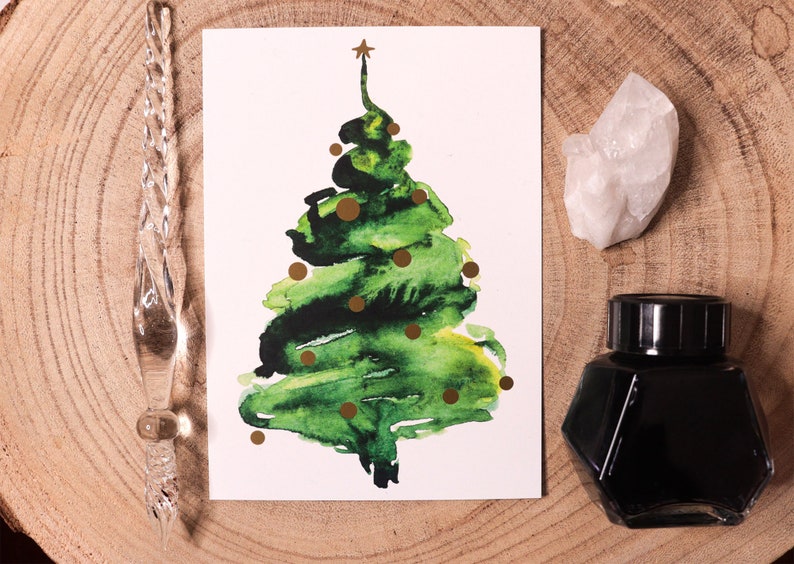 Christmas Tree Postcard Christmas Christmas tree in watercolor Illustration A6, Climate-neutral printing Christmas tree , gold image 2