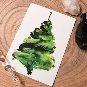 Christmas Tree Postcard Christmas Christmas tree in watercolor Illustration A6, Climate-neutral printing Christmas tree , gold image 1