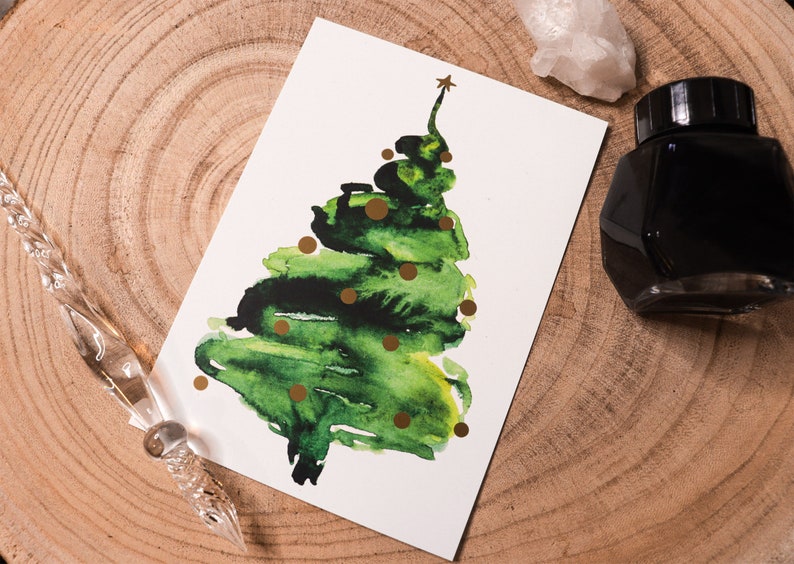 Christmas Tree Postcard Christmas Christmas tree in watercolor Illustration A6, Climate-neutral printing Christmas tree , gold image 1