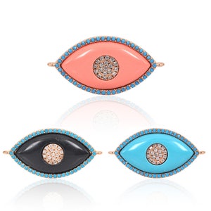 Brass Base with Resin Evil Eye Connector Pave Turquoise CZ for Charms Bracelet DIY Jewelry Making 31x16mm