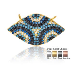 May include: A gold-toned evil eye charm pendant with blue, white, and black micro-pave stones. The pendant is available in four colors: silver, gold, black, and rose gold.