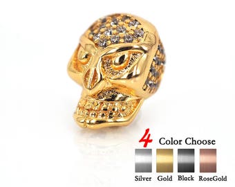 Skull Bead Gothic Style Pave CZ Charm for Men's Bracelet Jewelry Spacer Findings 9x13mm 2Pcs