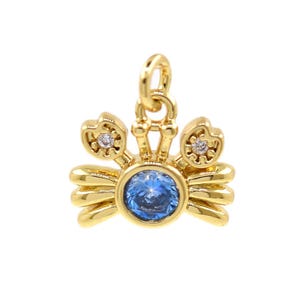 Whimsical 18K Gold Filled Crab Pendant with Sparkling Blue Core and Crystal Embellished Claws 11.3x10mm