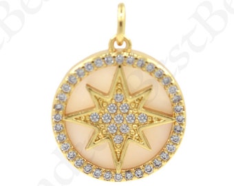 Shell Pave North Star Pendant,18k Gold Filled Starburst Charm,Personalized Jewelry Findings 17.5x12mm