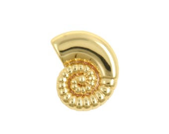 May include: A gold-colored, spiral-shaped pendant, resembling a nautilus shell. The pendant has a polished, reflective surface and is set against a white background. The design features a detailed, textured pattern.