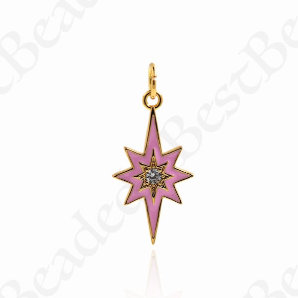 Pendentif Polaris rempli d’or 18K, Charme Polaris, Collier Soleil Micropavé CZ, Charme en émail, Accessoires de bijoux DIY