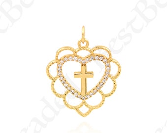 Simple Brass Gold Plated Heart Cross Necklace Pendant, Heart Charm, Cross Charm, Religious Jewelry, 23x21mm