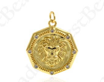 Dainty Gold Lion Head Necklace Charms,Animal Medallion Pendant for DIY Minimalist Jewelry Making 22.5x22.5mm