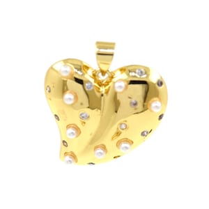 Elegant 18K Gold Filled Heart Charm Adorned with Pearls and Cubic Zirconia for Jewelry Making 21.7x20.5mm