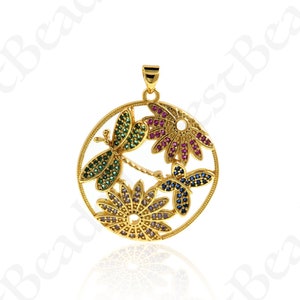 Multicolor CZ Micro Pave Dragonfly Charm,18k Gold Filled Insect Charm,DIY Nature Jewelry Making Accessories 29mm