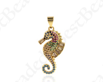 Colorful Sea Horse Pendant,CZ Pave 18K Gold Hippocampus Charm,Original Jewelry Accessories 14x26mm