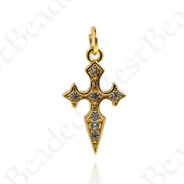 18k Gold Cross Dagger Charm,CZ Micro Pave Sword Pendant for DIY Original Jewelry Findings 19x11mm