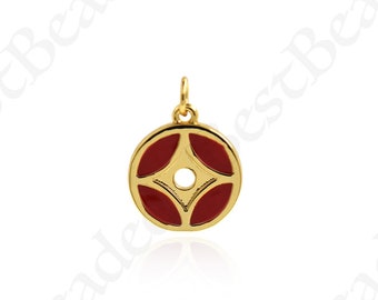 May include: Gold pendant charm with a red enamel design. The design features a circle with four points and a small hole in the center.