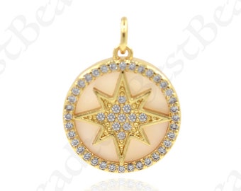 Shell Pave North Star Pendant,18k Gold Filled Starburst Charm,Personalized Jewelry Findings 16mm