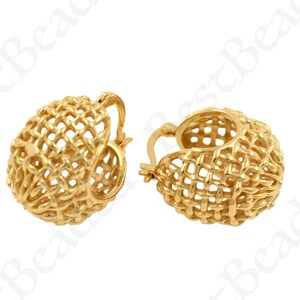 May include: A pair of gold hoop earrings with a delicate, woven wire design. The earrings are round and have a slightly oval shape.
