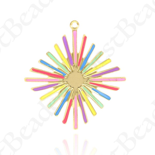 Dainty Enamel Fireworks Necklace Pendant,18k Gold Filled Fireworks Charm for Jewelry Making 29x31mm