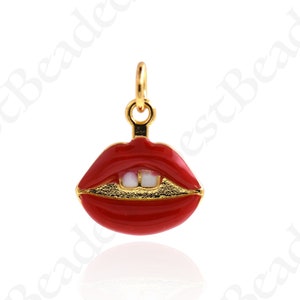 Émail Red Lips Charm, 18K Plaqué or Fun Lips Pendentif pour bijoux personnalisés Accessoires de fabrication 13x12mm